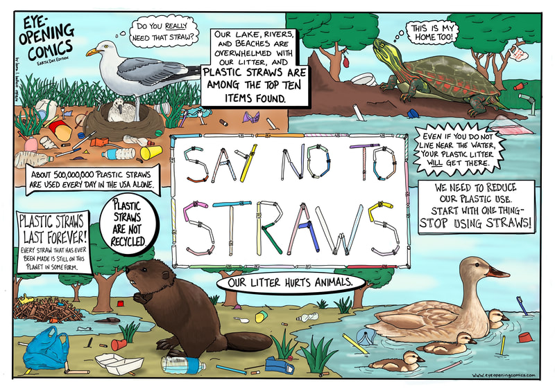Artist: Laura Balliett
This submission includes species native to the Great Lakes region, specifically Lake Erie. I drew this comic as an effort to raise awareness of the endemic species effected by litter.